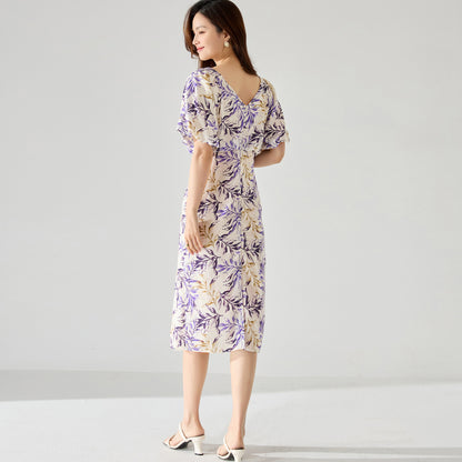 Chic Violet Iris Floral Puff Sleeve Midi Dress