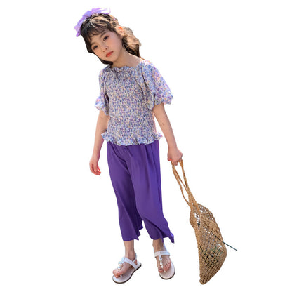 Girls' Chic Floral Blouse and Capri Pants Two Pieces Set