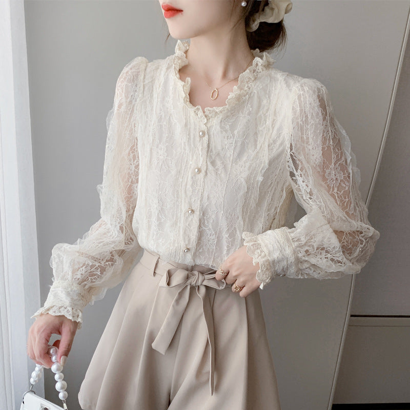 French Style Lace V-Neck Fairy Long Sleeve Blouse