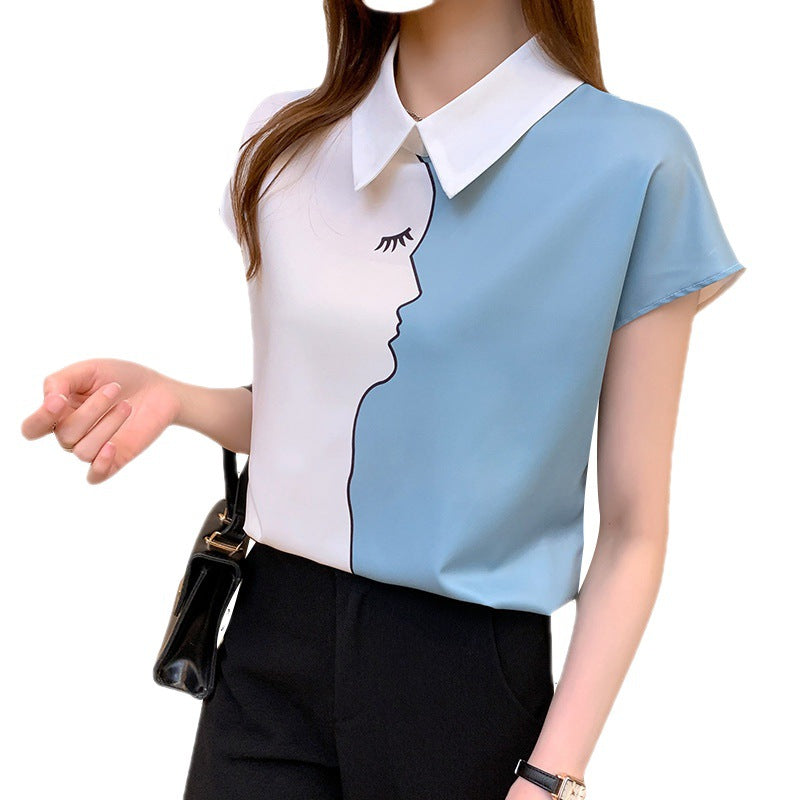 Women's Loose Short Sleeve Printed Chiffon Blouse