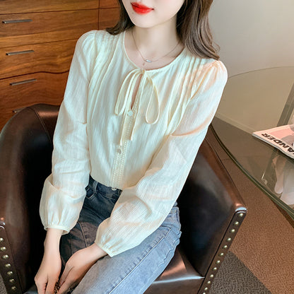 Women's Loose Solid Color Long Sleeve Blouse with Puff Sleeves and Lace-Up Round Neck