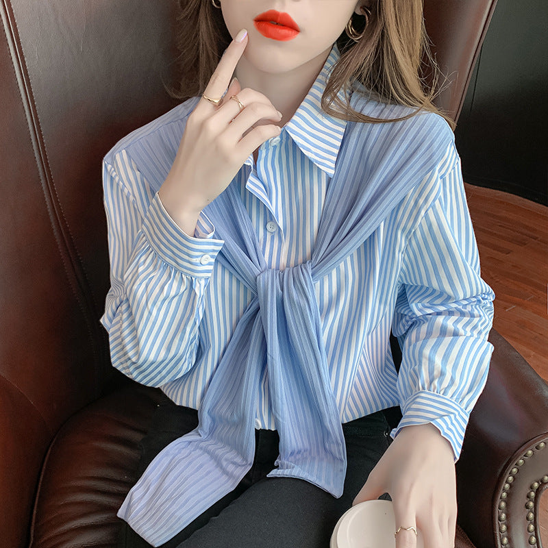 Women's Striped Fake Two-Piece Shawl Long Sleeve Blouse