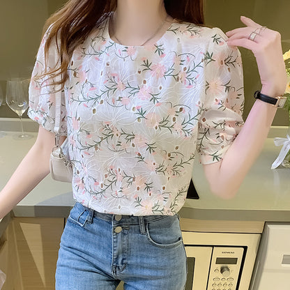 Women's French Style Floral Lace Short Sleeve Chiffon Top