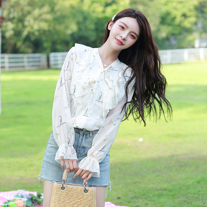 Elegant Women's Korean Style Bowknot Floral Long Sleeve Chiffon Blouse