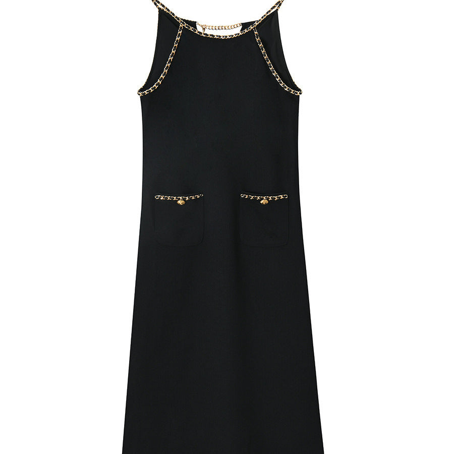 Elegant Chain-Detail Black Midi Dress