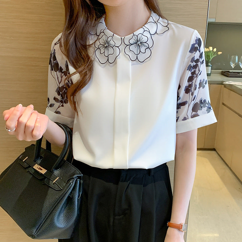 Women's Korean Style Babydoll Collar Short Sleeve Blouse