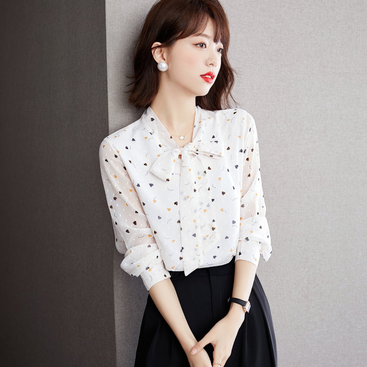 Women's Floral Bow Long Sleeve Chiffon Blouse