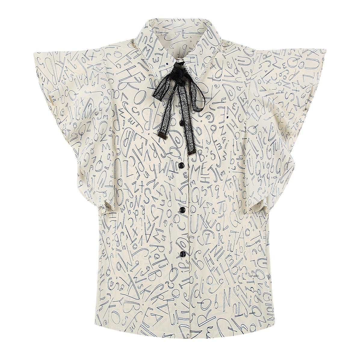 Women's Short Sleeve Printed Bow Chiffon Blouse