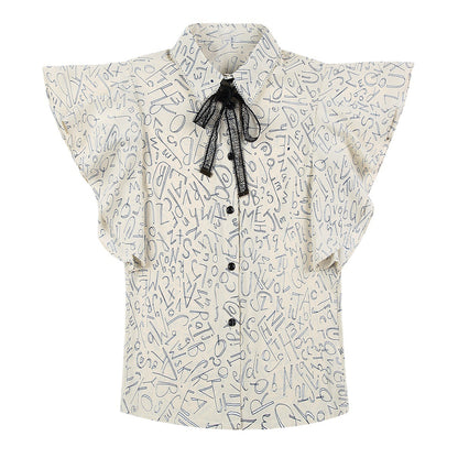 Women's Short Sleeve Printed Bow Chiffon Blouse