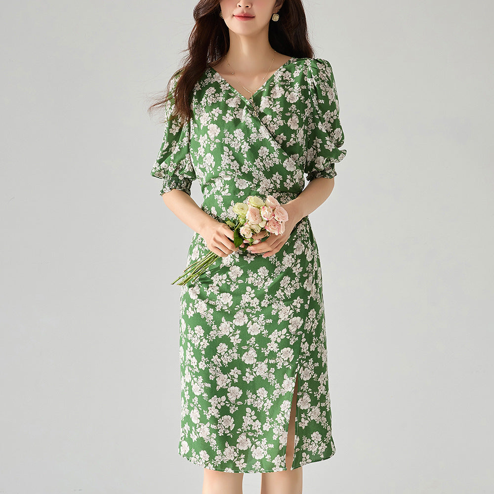 French Green Ruched Floral Wrap Midi Dress