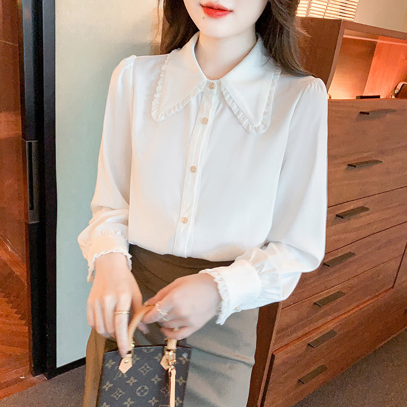 Women's White Baby Doll Collar Chiffon Blouse