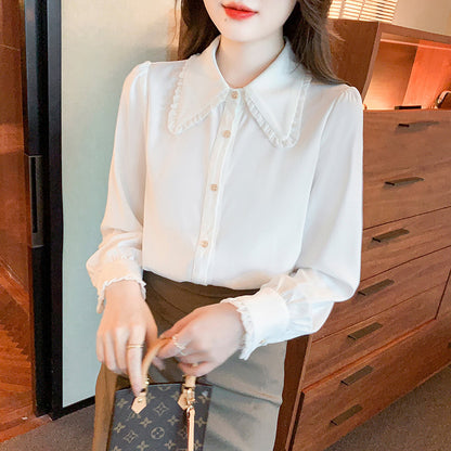 Women's White Baby Doll Collar Chiffon Blouse