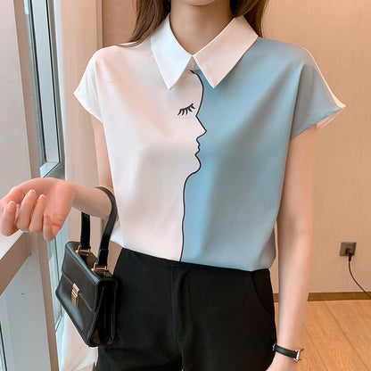 Women's Loose Short Sleeve Printed Chiffon Blouse