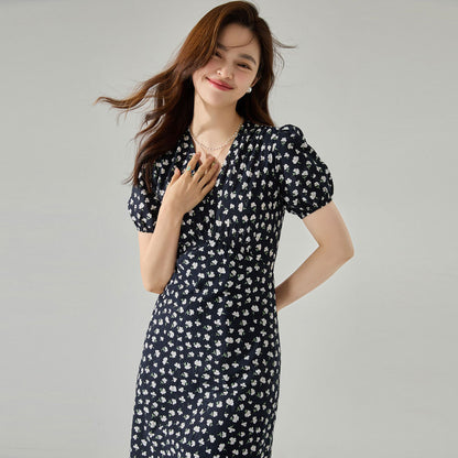 Retro Floral Ruched Midi Dress