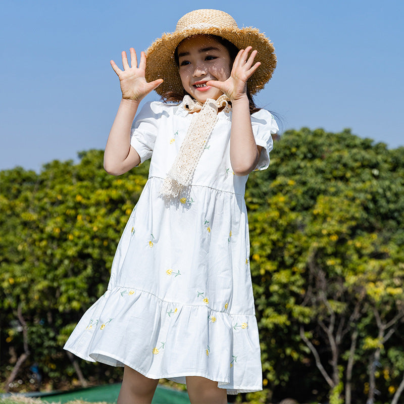 女童韩版花卉刺绣连衣裙