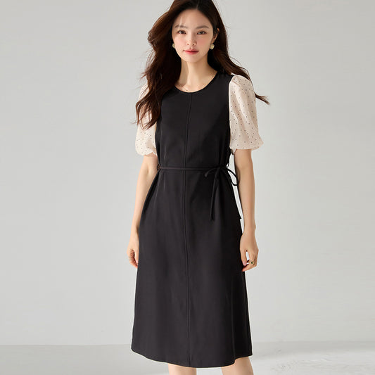 Elegant Black & Polka Dot Panel Straight Dress