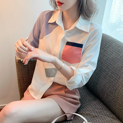 Women's Stylish Long Sleeve Patchwork Blouse