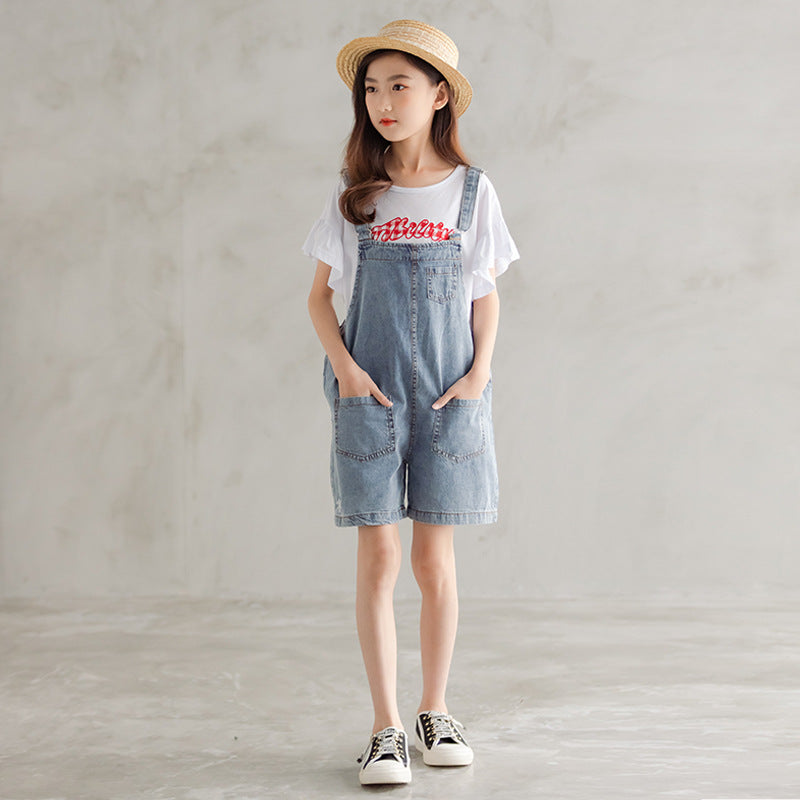 Girls' Casual T-shirt and Denim Suspender Shorts Two Pieces Set