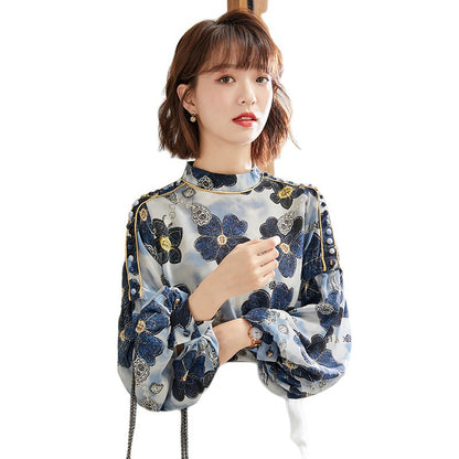 Women's Lantern Sleeves Floral Chiffon Blouse