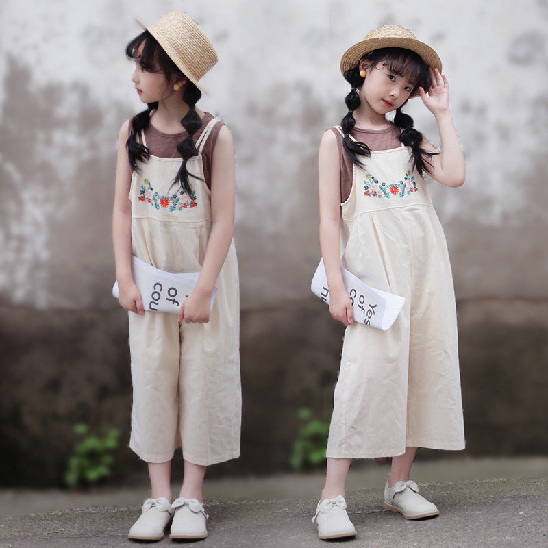 Girls' Casual T-shirt and Embroidery Suspender Pants Two Pieces Set