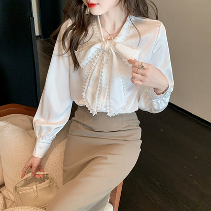 Women's Bowknot Chiffon Long Sleeve Lace Blouse