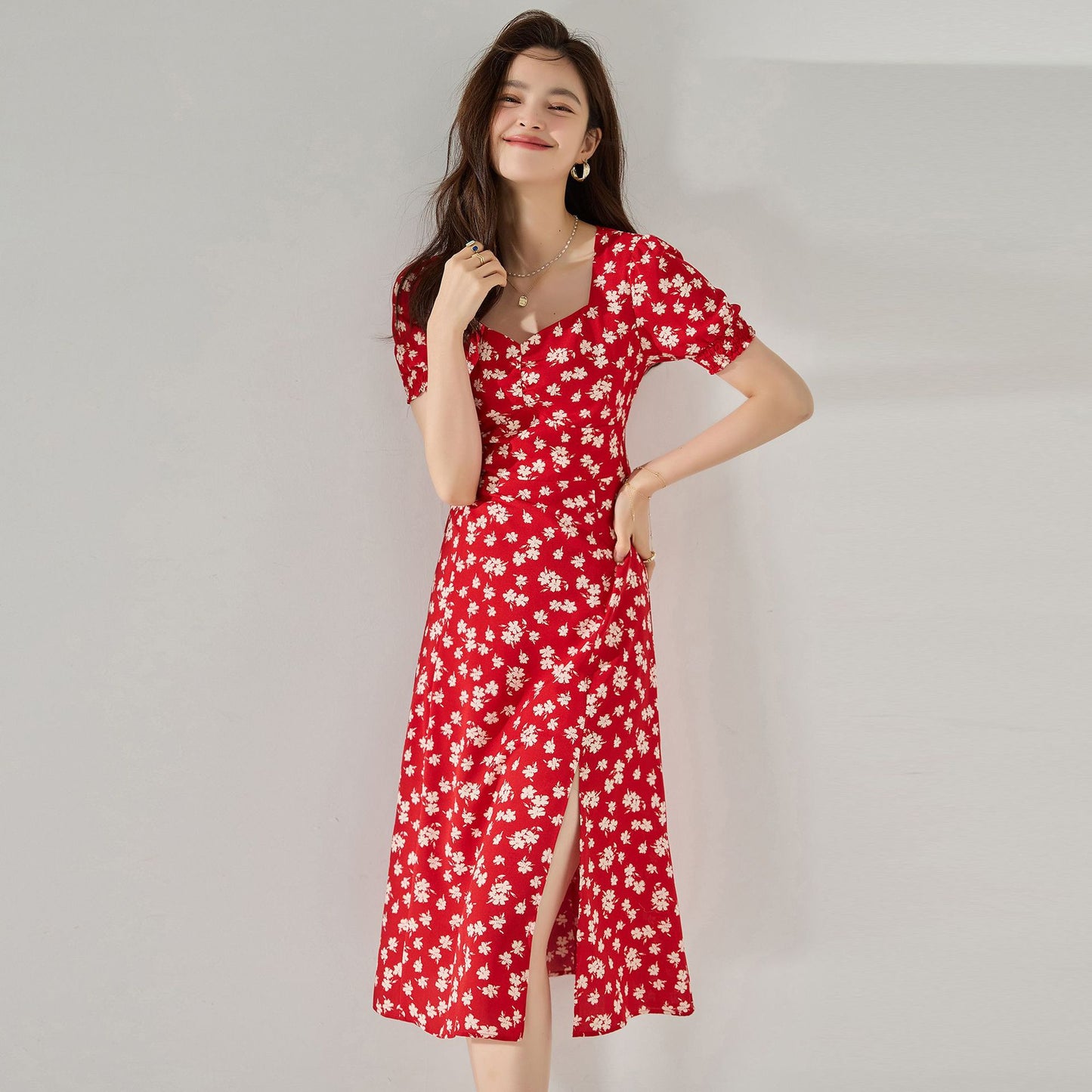 Elegant French Red Floral Slit Puff Sleeve Midi Dress