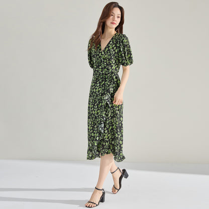 French Chic Side-Tie Puff Sleeve Wrap Dress