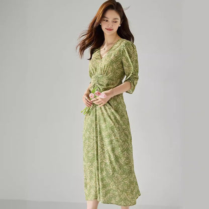 Elegant Floral Puff Sleeve Ruched Waist Dress