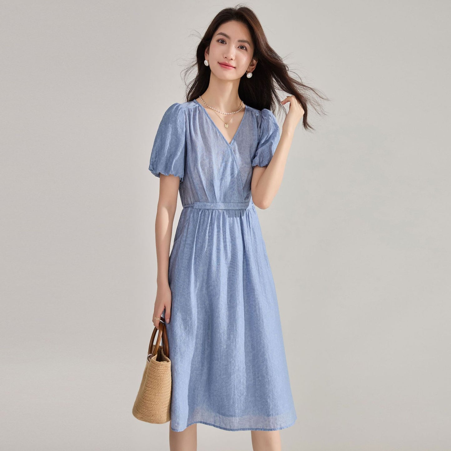 Blue Tencel Jacquard Tie-Waist Midi Dress