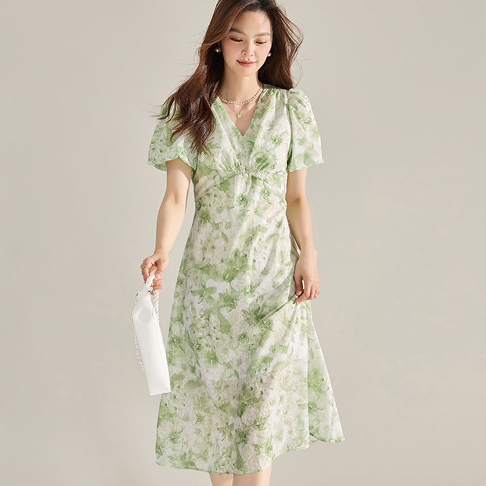 French Floral High-Waist Midi Dress