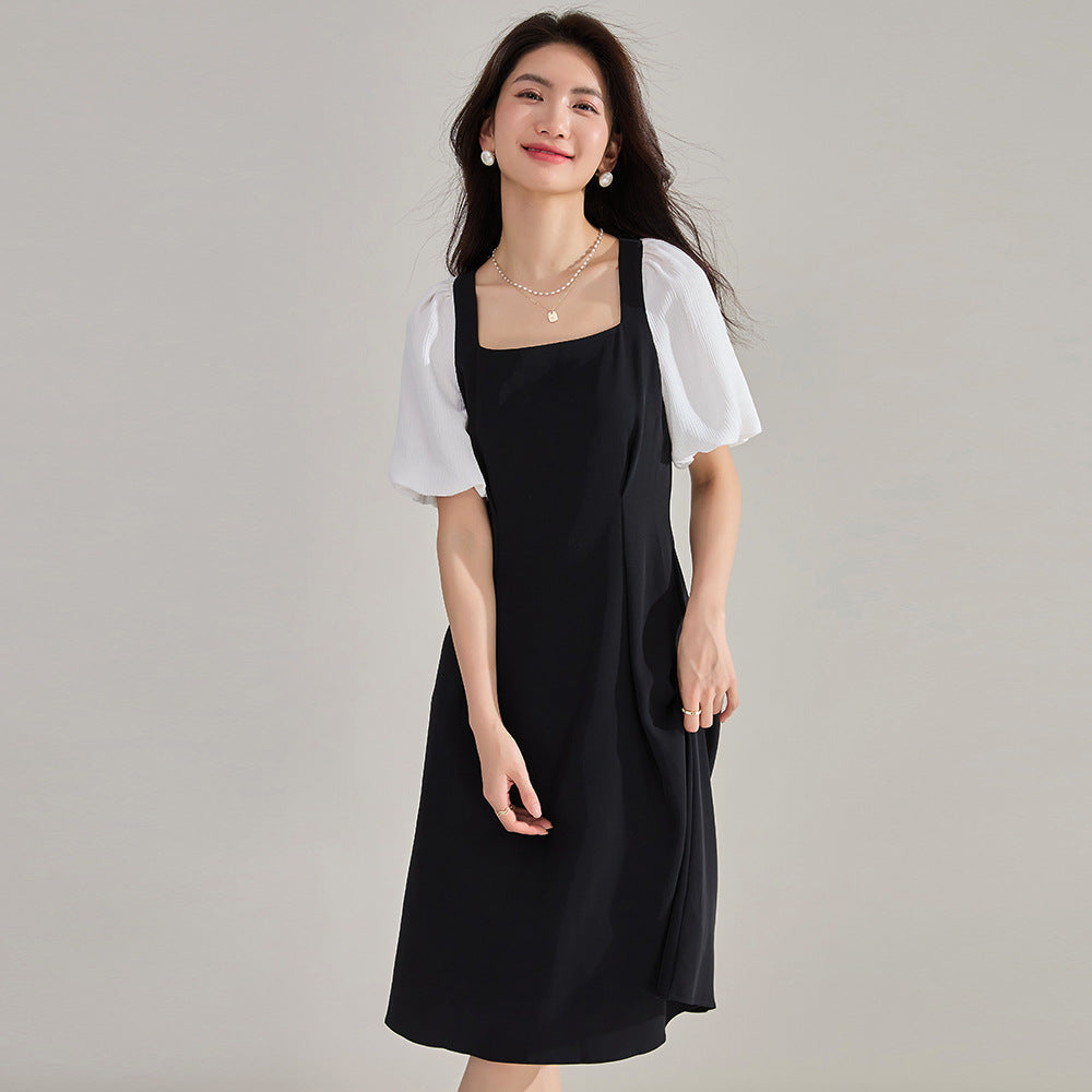 Elegance French Square Neck Puff Sleeve Black Dress