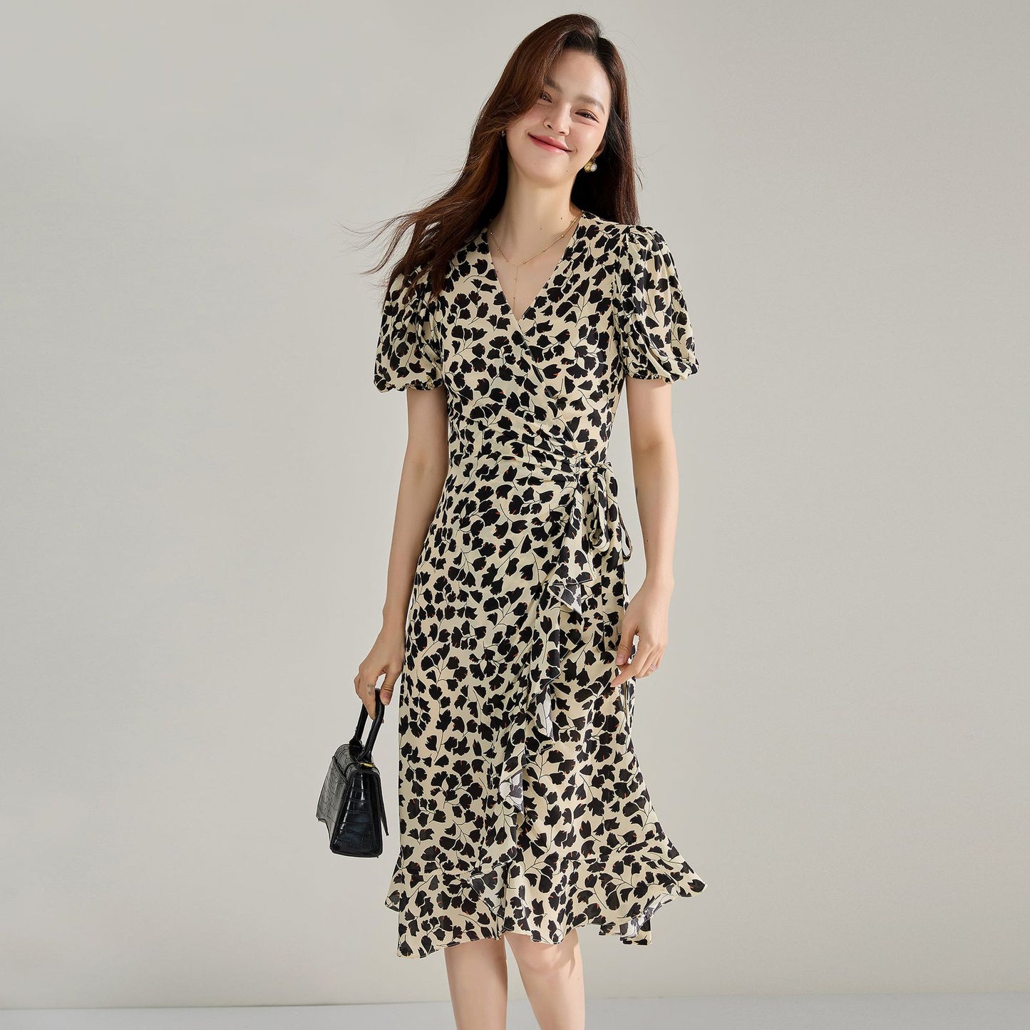 French Ginkgo Puff Sleeve Wrap Dress