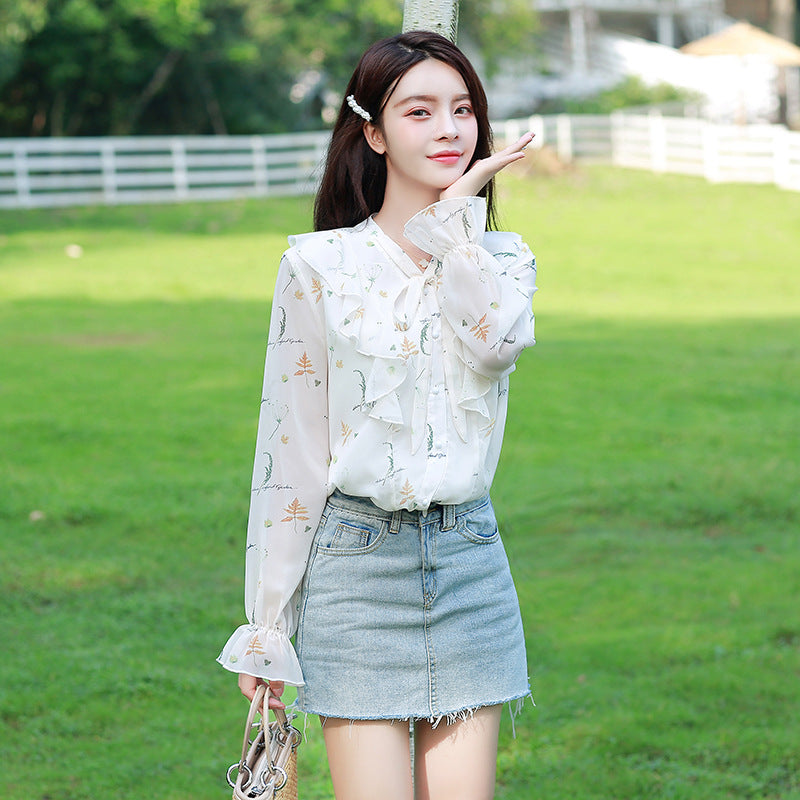 Elegant Women's Korean Style Bowknot Floral Long Sleeve Chiffon Blouse