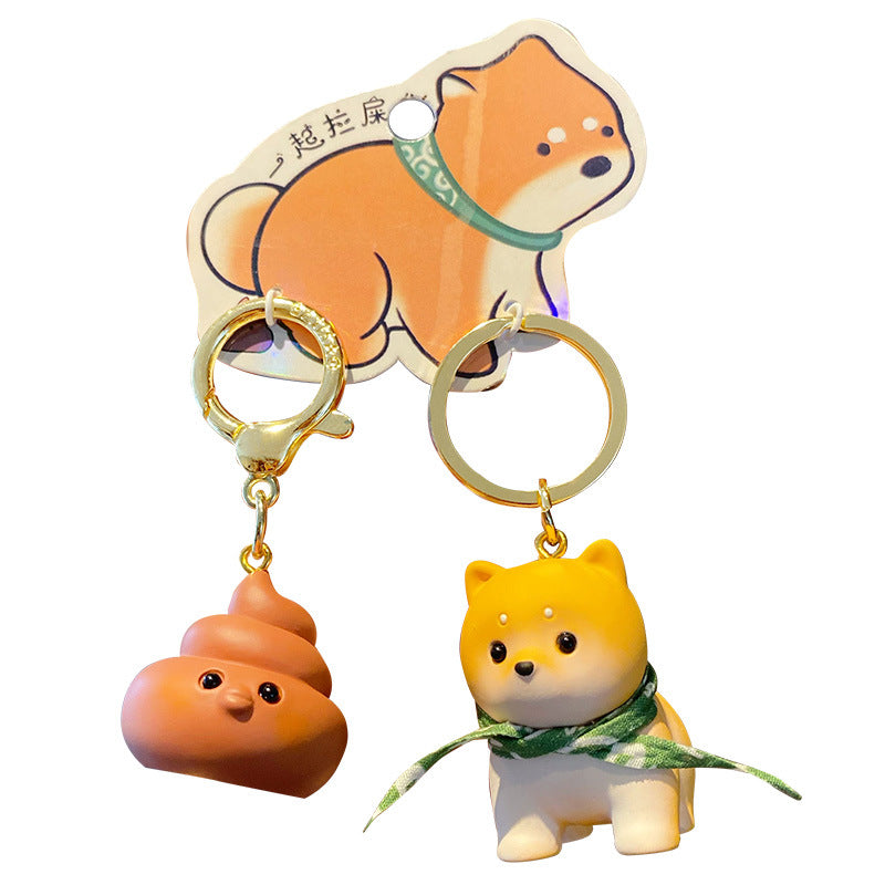 Couple's Cute and Exquisite Chai Dog Resin Doll Keychain Pendant with Small Trash Wood Keychain