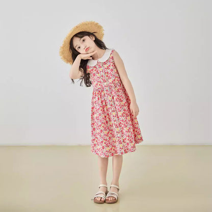 Korean Style Girls' Cotton Floral Sleeveless Princess Dress