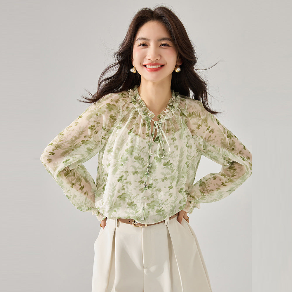 Green Floral Cottage Chiffon Blouse