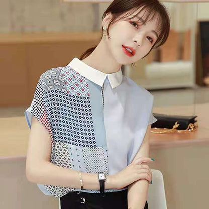 Women's Korean Style Loose Short Sleeve Doll Collar Contrast Color Chiffon Blouse