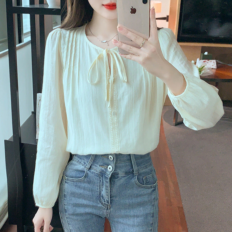 Women's Loose Solid Color Long Sleeve Blouse with Puff Sleeves and Lace-Up Round Neck