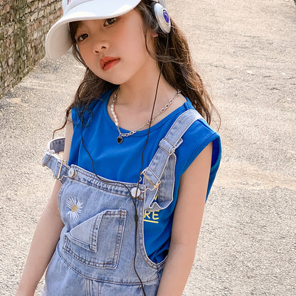 Girls' Casual Tank Top and Denim Suspender Pants Two Pieces Set