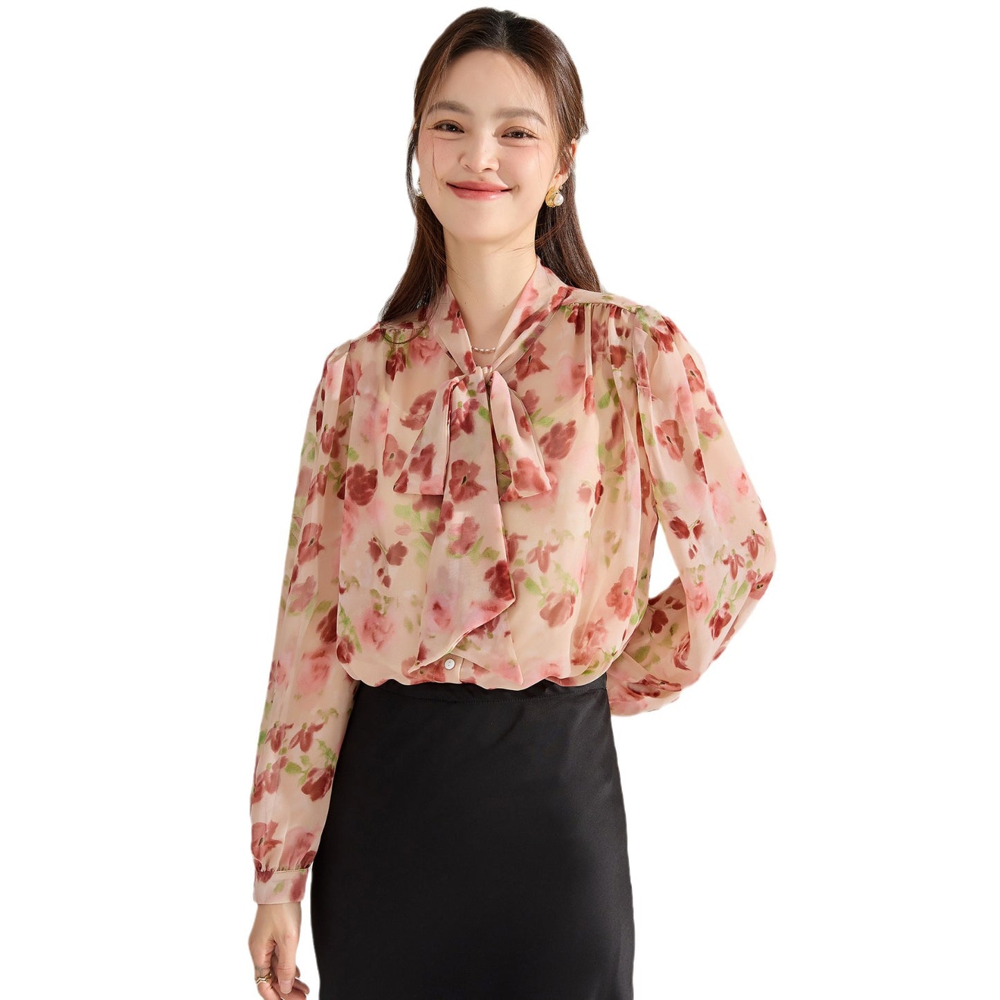 Whimsical Floral Tie-Neck Chiffon Blouse