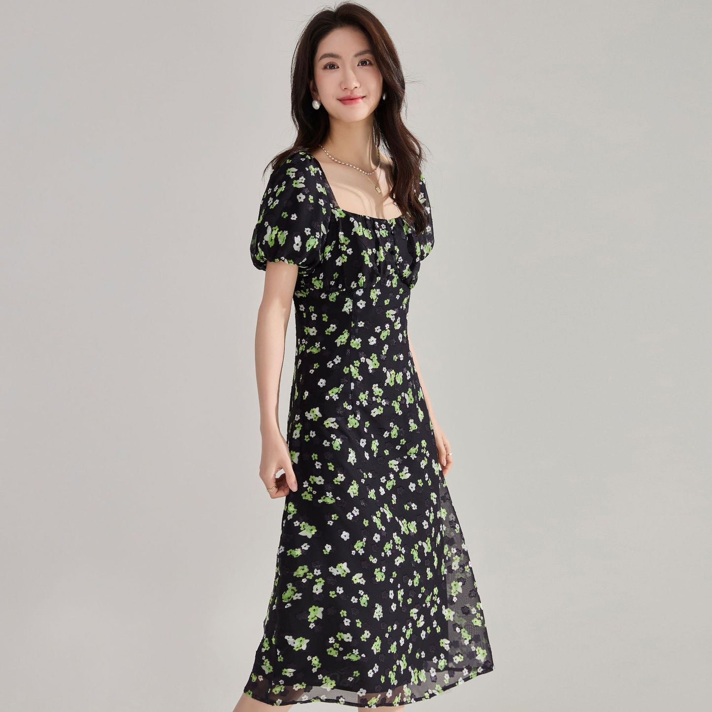 Retro Black French Floral Puff Sleeve Dress