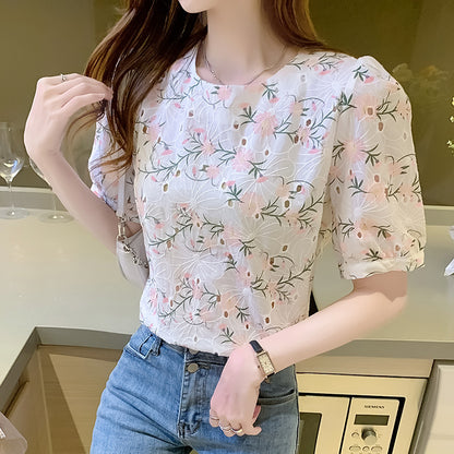 Women's French Style Floral Lace Short Sleeve Chiffon Top