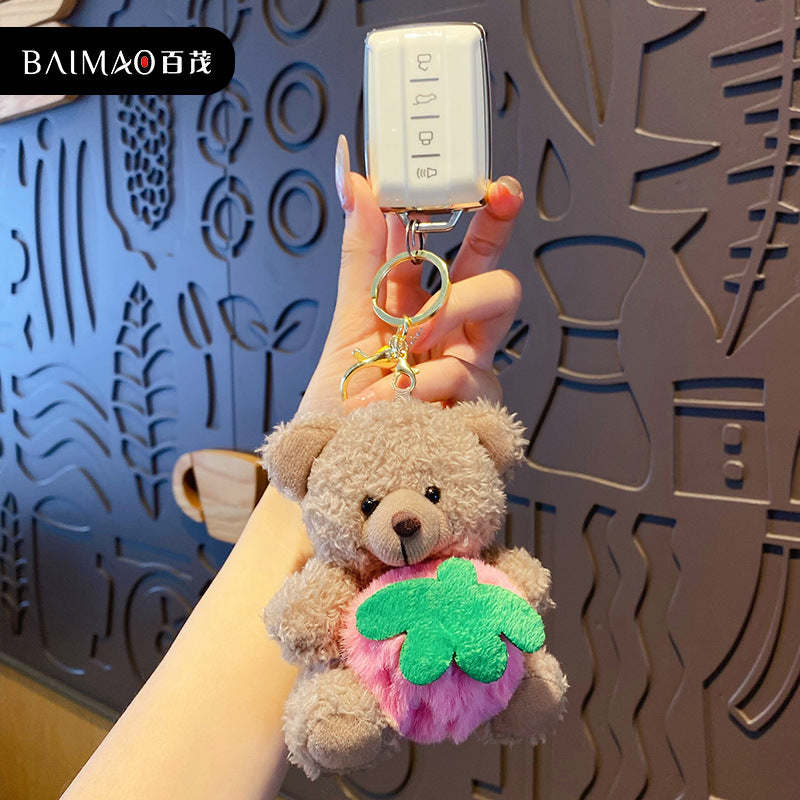 Cartoon Strawberry Rice Fruit Bear Plush Doll Keychain Female Cute Soft Cute Bear Doll Keychain Bag Pendant