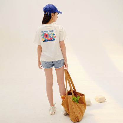 Girls' Floral Print T-shirt and Denim Shorts Two Pieces Set