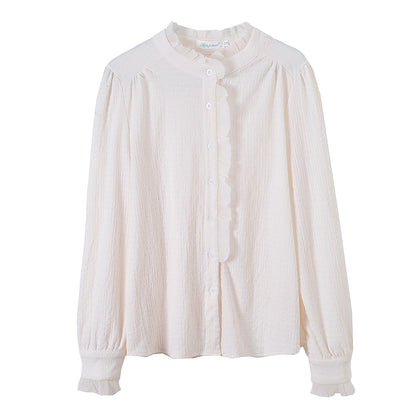 Women's French Style Stand Collar Long Sleeve Chiffon Blouse