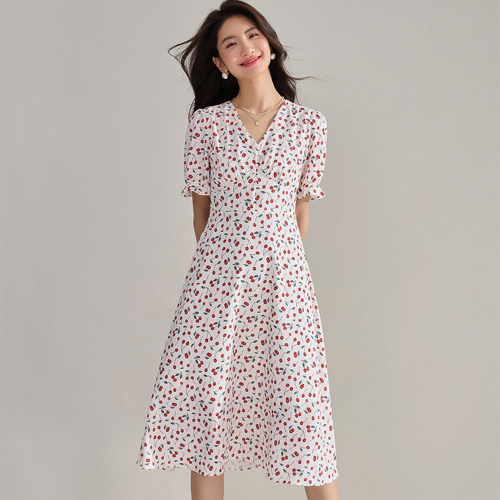 French Cherry Floral Chiffon Dress