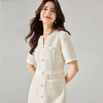 Graceful High-Waist Sparkle Tweed Dress