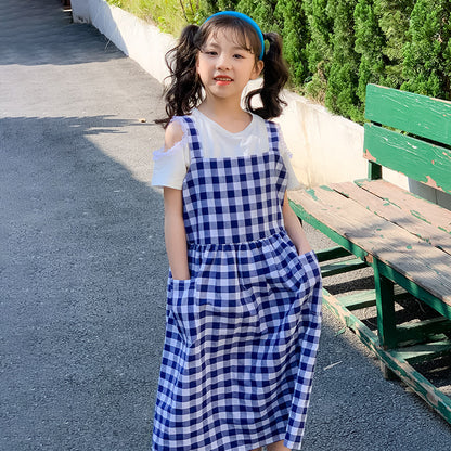 Girls' Preppy Style Cold-shoulder Top and Plaid Suspender Dress Two Pieces Set