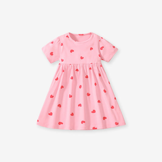 Cute Heart Printed Short Sleeve Cotton Girls' Princess Dress