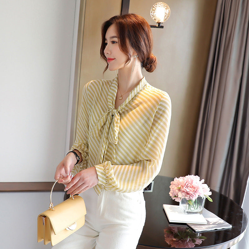 Women's French Style Retro Striped Print V-Neck Ribbon Chiffon Blouse